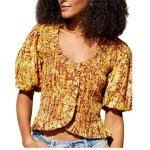 Love the Label XS Abstract Smocked Blouse Gold Scoop Neck Anthropologie Fall